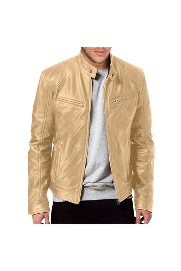 Mens Leather Jacket Real Lambskin Cafe Racer Style Leather Biker Jackets For Men Gold 2XL