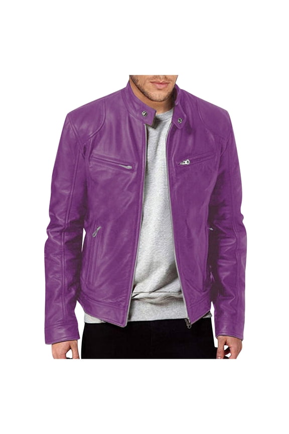 Mens Leather Jacket Real Lambskin Cafe Racer Style Leather Biker Jackets For Men Purple M