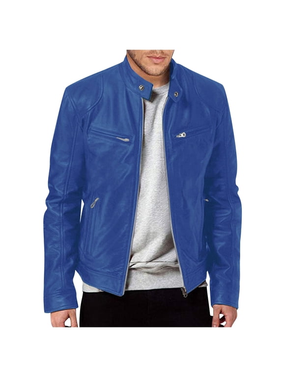 Mens Leather Jacket Real Lambskin Cafe Racer Style Leather Biker Jackets For Men Royal Blue M