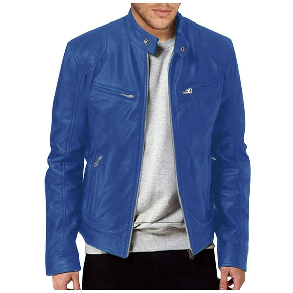 GXIPO Mens Leather Jacket Real Lambskin Cafe Racer Style Leather Biker Jackets For Men Royal Blue XL