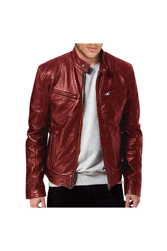 Mens Leather Jacket Real Lambskin Cafe Racer Style Leather Biker Jackets For Men Wine M