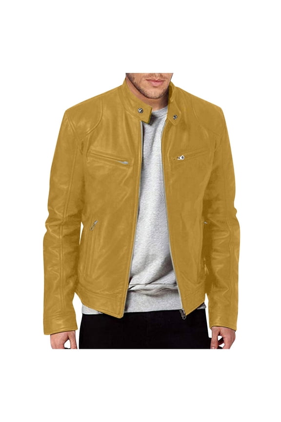 Mens Leather Jacket Real Lambskin Cafe Racer Style Leather Biker Jackets For Men Yellow 2XL