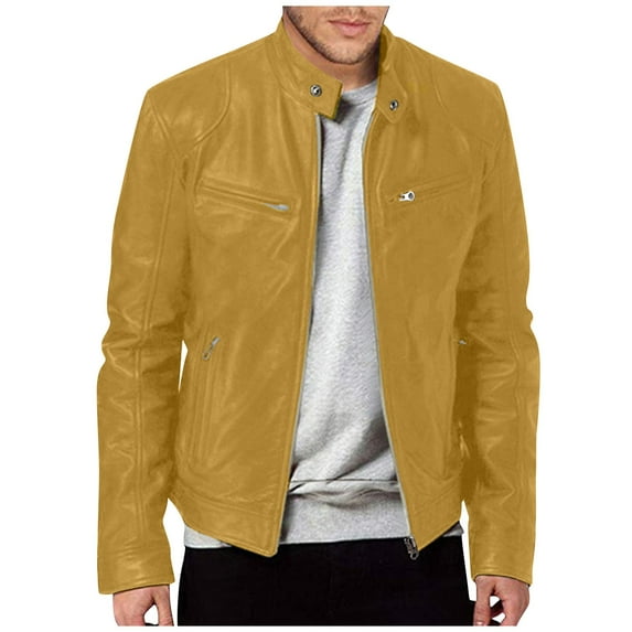 GXIPO Mens Leather Jacket Real Lambskin Cafe Racer Style Leather Biker Jackets For Men Yellow XL