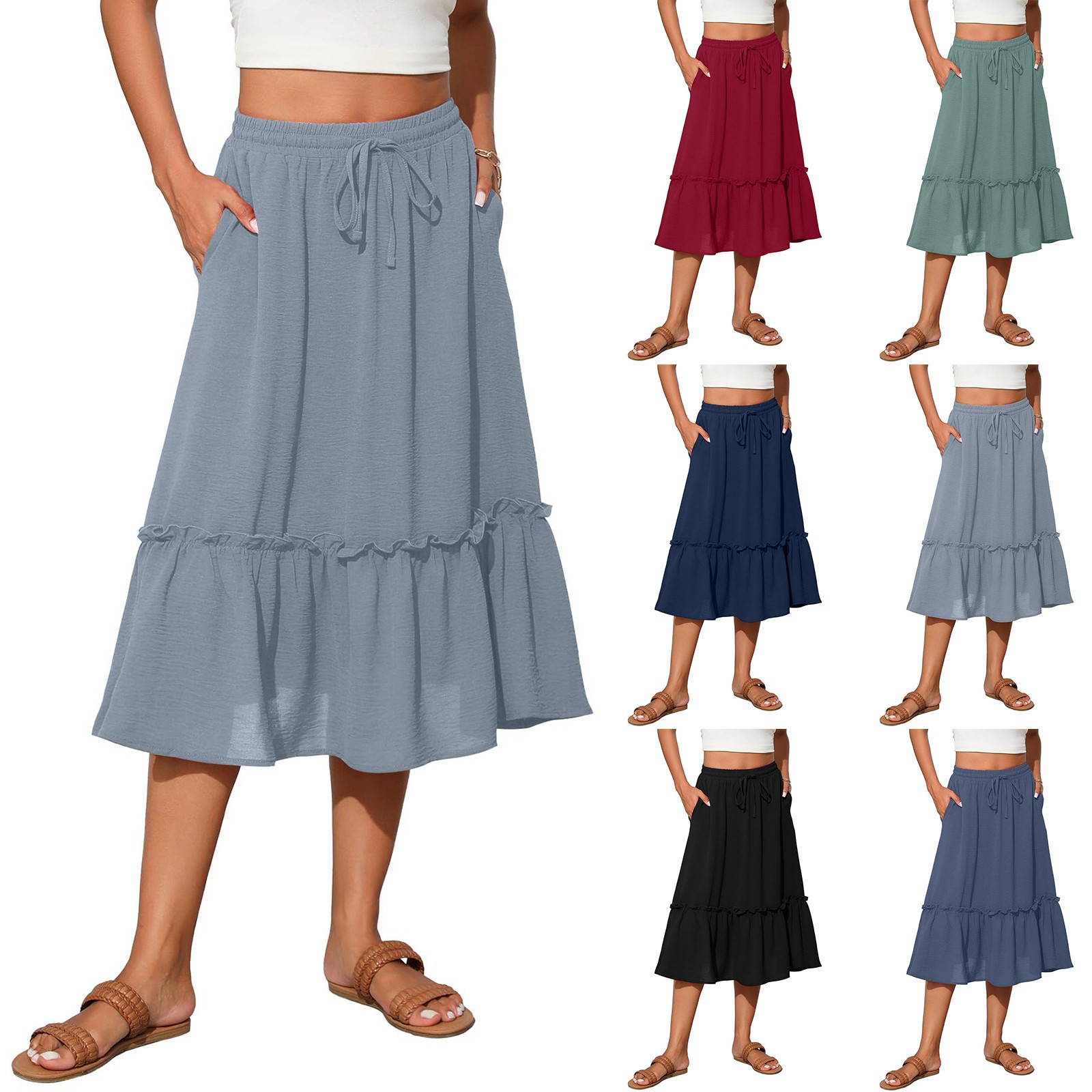 GXIPO Midi Skirts For Women With Pockets High Waist A Line Boho Beach 