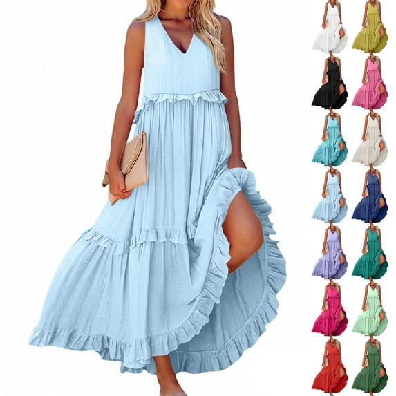 GXIPO Plus Size Boho Dresses for Curvy Women 2025 V Neck Sleeveless Tiered Ruffle Flowy Maxi Dress with Pockets Navy L