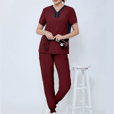 GXIPO Scrubs for Women Set Regular and Petite Sizes Medical Nursing Uniforms Set Athletic V-Neck Scrub Top & Jogger Pants with Pockets Workwear
