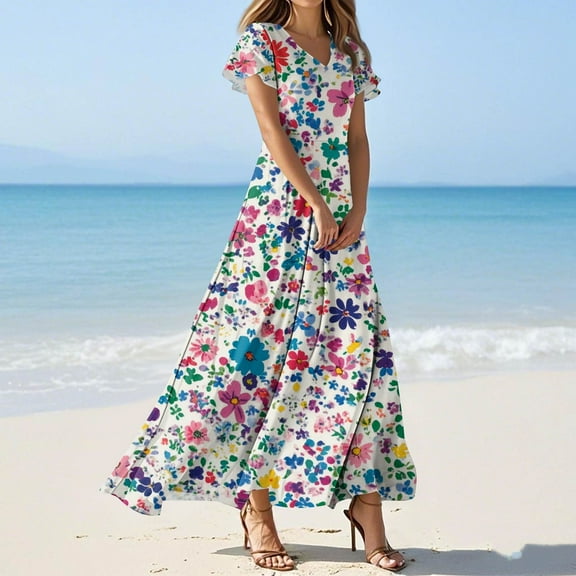 GXIPO Short Sleeve Floral Dresses for Women Elegant Empire Waist Chiffon Maxi Dress Flowy Semi Formal Wedding Guest Dress Pink M