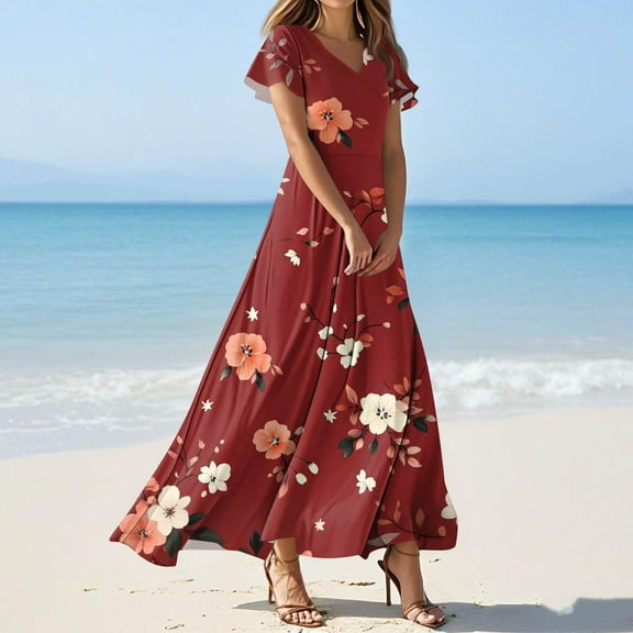 GXIPO Short Sleeve Floral Dresses for Women Elegant Empire Waist Chiffon Maxi Dress Flowy Semi Formal Wedding Guest Dress Wine L