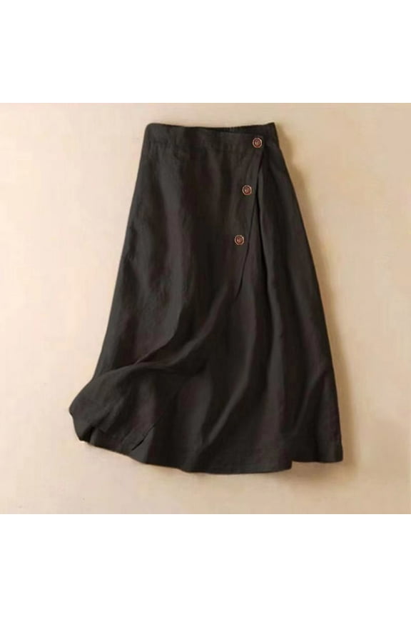 Summer Cotton Linen Skirts for Women Elastic Waist Buttoned A Line Midi Skirt Boho Beach Skirt Black 2XL