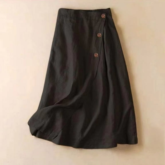 GXIPO Summer Cotton Linen Skirts for Women Elastic Waist Buttoned A Line Midi Skirt Boho Beach Skirt Black 2XL