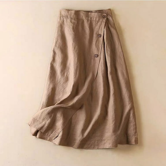 GXIPO Summer Cotton Linen Skirts for Women Elastic Waist Buttoned A Line Midi Skirt Boho Beach Skirt Brown M
