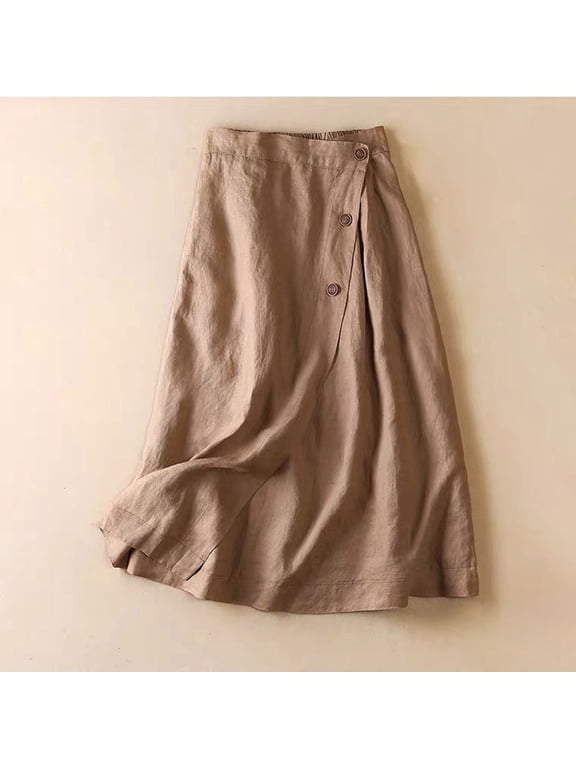 Summer Cotton Linen Skirts for Women Elastic Waist Buttoned A Line Midi Skirt Boho Beach Skirt Brown XL
