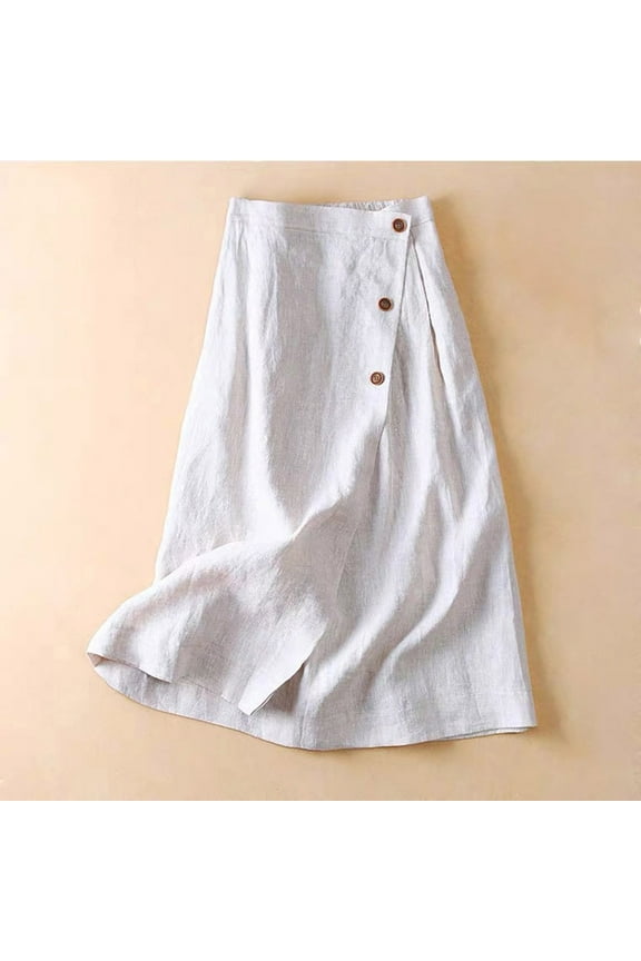 Summer Cotton Linen Skirts for Women Elastic Waist Buttoned A Line Midi Skirt Boho Beach Skirt White M