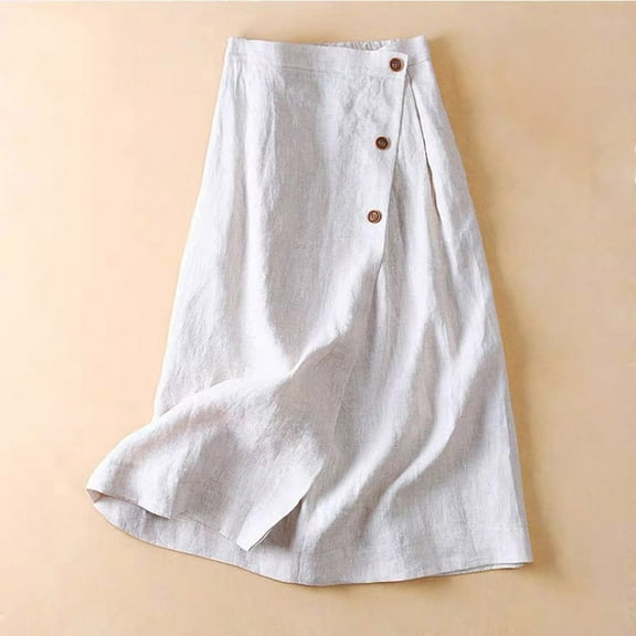 GXIPO Summer Cotton Linen Skirts for Women Elastic Waist Buttoned A Line Midi Skirt Boho Beach Skirt White XL