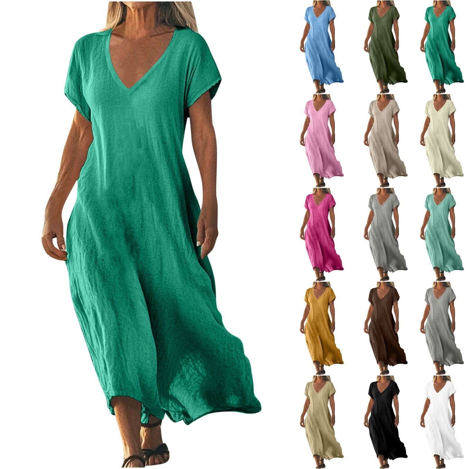 GXIPO Summer Dresses Linen Casual Dresses for Women Flowy V Neck Short ...