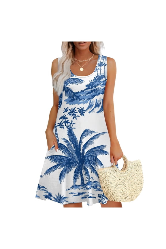 Summer Dresses for Women 2025 Beach Vacation Dresses Sleeveless Hawaiian Tunic Boho Swimsuit Coverup Dress Sun Dresses U Neck with Pockets Blue L