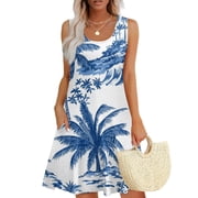 GXIPO Summer Dresses for Women 2025 Beach Vacation Dresses Sleeveless Hawaiian Tunic Boho Swimsuit Coverup Dress Sun Dresses U Neck with Pockets Blue L