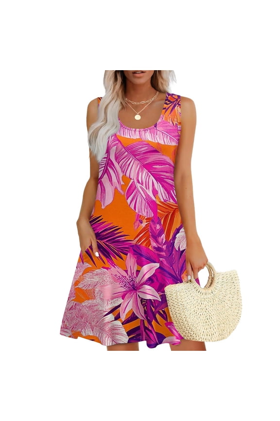 Summer Dresses for Women 2025 Sun Dress Casual Loose Vacation Sleeveless Tunic U Neck Tank Dress Hawaiian with Pockets Hot Pink S