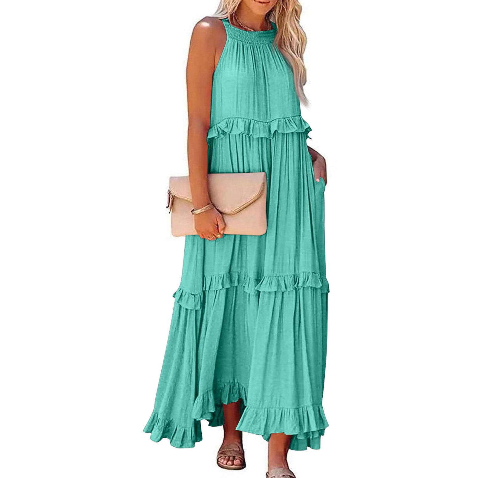 Plus Size Square Neck Maxi Dress - Cap Sleeve, Smocked Bodice, Tiered Ruffle Skirt In Yellow