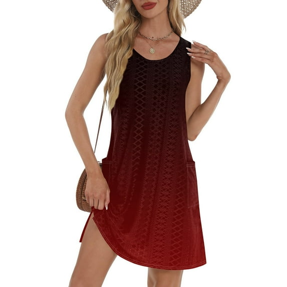 GXIPO Swimsuit Coverup Swimdress for Women Casual Summer Dresses for Women Tank Hollow Out Sun Dresses Bikini Beach Cover Up Casual Loose Sleeveless with Pockets Wine 3XL
