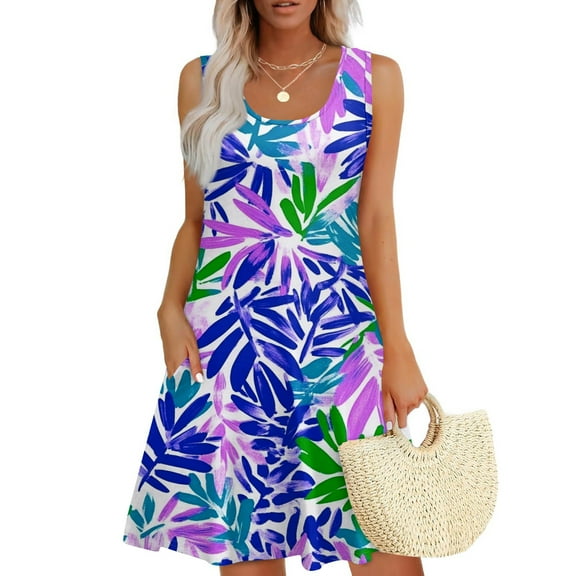 GXIPO U Neck Spring Dresses for Women 2025 Sun Dresses for Women 2025 Vacation Boho Sleeveless Tunic Swimsuit Coverup Dress Hawaiian with Pockets Purple 3XL