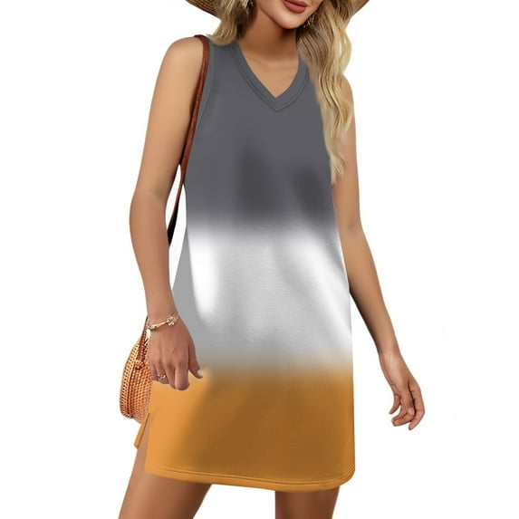 GXIPO V-Neck Summer Casual Beach Dress for Women 2025 Vacation Women's Sleeveless Sundress with Split Gray 3XL