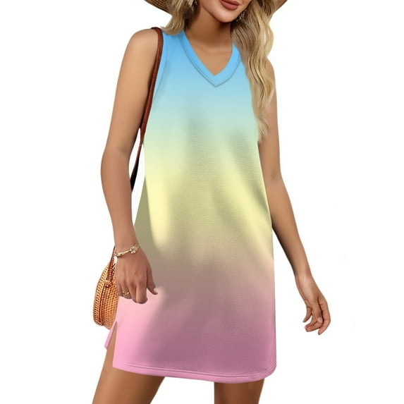 GXIPO V-Neck Summer Casual Beach Dress for Women 2025 Vacation Women's Sleeveless Sundress with Split Light pink XL