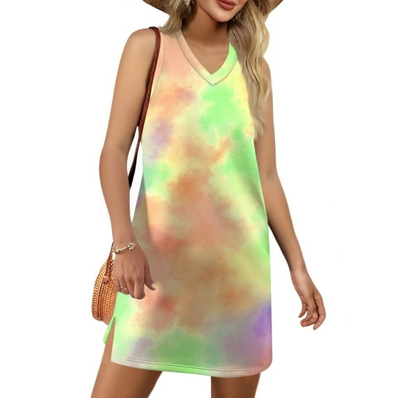 GXIPO V-Neck Summer Casual Beach Dress for Women 2025 Vacation Women's Sleeveless Sundress with Split Yellow L