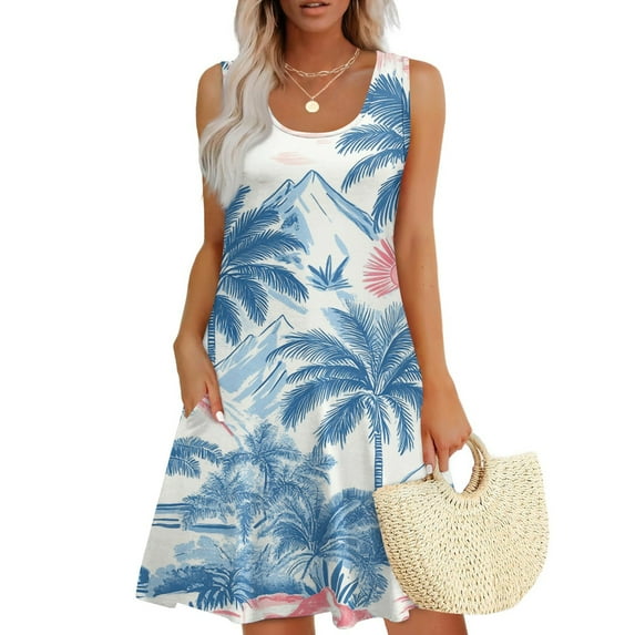 GXIPO Vacation Dresses Womens Summer Dresses Boho Sun Dress Sleeveless A Line U Neck Tank Dress Hawaiian with Pockets Light Blue XL
