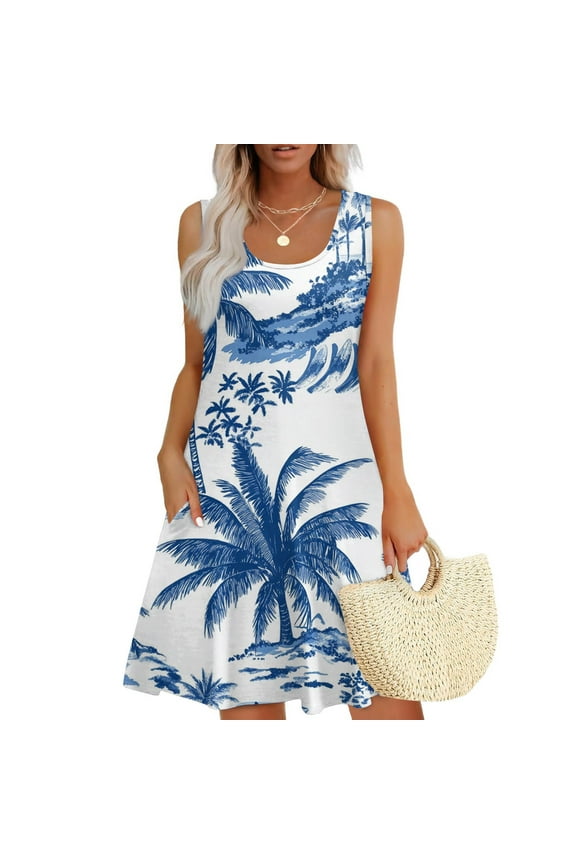 Sun Dresses for Women 2025 Vacation Summer Dresses for Women U Neck Sleeveless Casual Loose A Line Hawaiian Knee Length Dress Sundresses with Pockets Blue 3XL