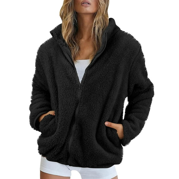 GXIPO Women 2024 Fall Winter Fleece Jackets Full Zip Long Sleeve Casual Soft Fuzzy Shaggy Teddy Coats Jacket Outerwear Black M
