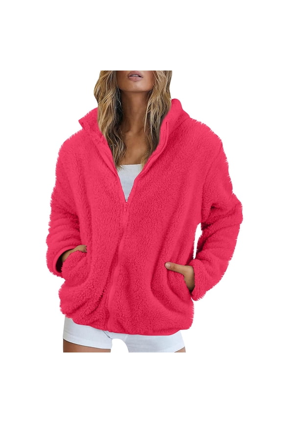 Women 2024 Fall Winter Fleece Jackets Full Zip Long Sleeve Casual Soft Fuzzy Shaggy Teddy Coats Jacket Outerwear Hot Pink M
