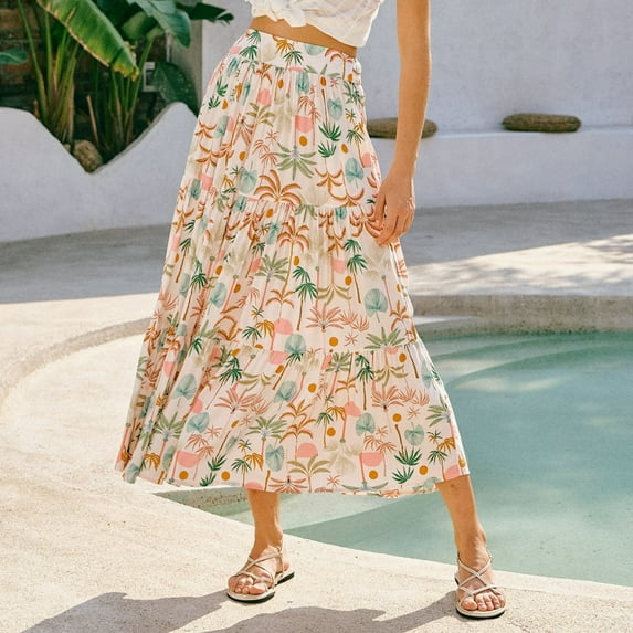 Women Boho Vintage Floral Print Long Skirt Summer Tiered Maxi Skirt Brown L