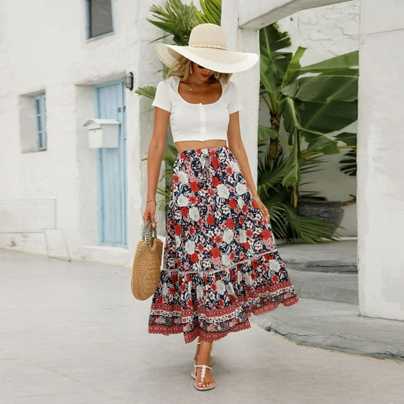 Women Boho Vintage Floral Print Long Skirt Summer Tiered Maxi Skirt Red L