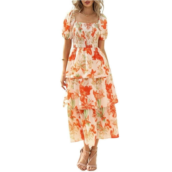 GXIPO Women Casual A Line Bohemian Floral Dress Short Sleeve Tiered Chiffon Long Maxi Summer Beach Swing Dress Orange S