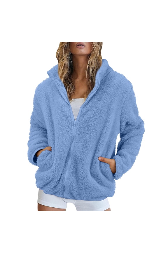 Women Sherpa Jacket Full Zip Fuzzy Teddy Coat with Pockets Fleece Lined Warm Winter Casual Outfits Blue 2XL