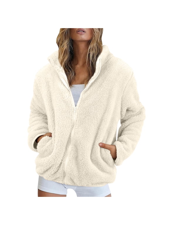 Women Sherpa Jacket Full Zip Fuzzy Teddy Coat with Pockets Fleece Lined Warm Winter Casual Outfits Complexion L