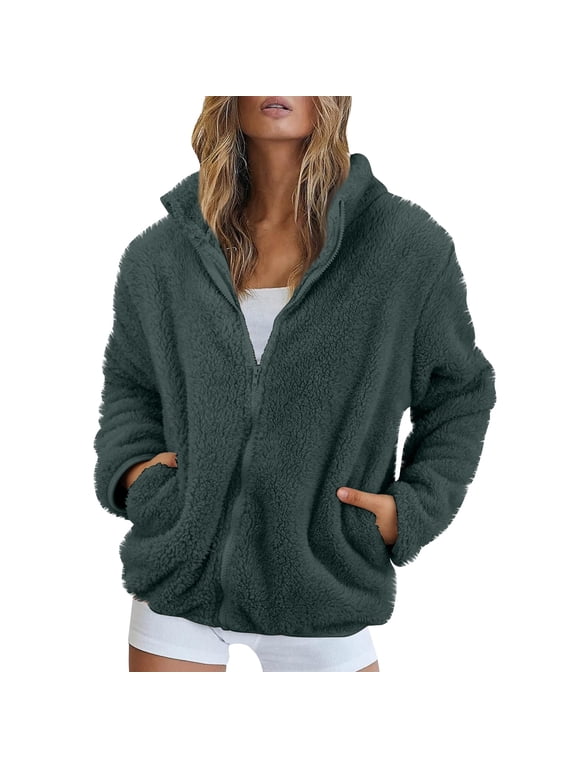 Women Sherpa Jacket Full Zip Fuzzy Teddy Coat with Pockets Fleece Lined Warm Winter Casual Outfits Dark Green 2XL