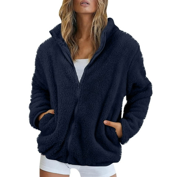 GXIPO Women Sherpa Jacket Full Zip Fuzzy Teddy Coat with Pockets Fleece Lined Warm Winter Casual Outfits Navy 2XL