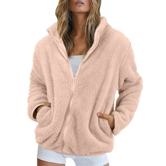 GXIPO Women Sherpa Jacket Full Zip Fuzzy Teddy Coat with Pockets Fleece Lined Warm Winter Casual Outfits Pink L