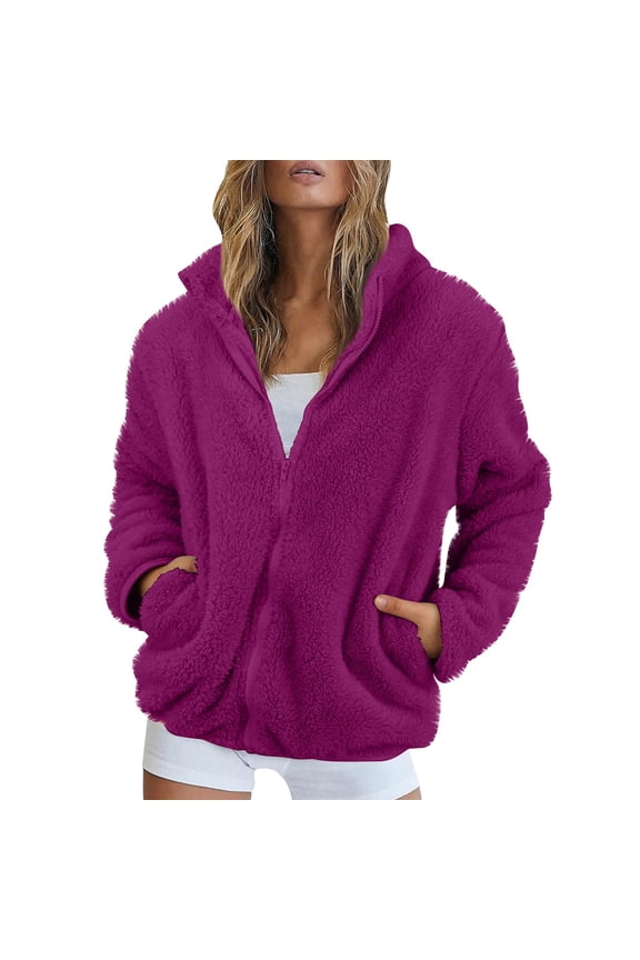 Women Sherpa Jacket Full Zip Fuzzy Teddy Coat with Pockets Fleece Lined Warm Winter Casual Outfits Purple 3XL
