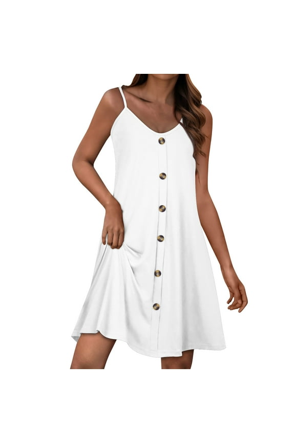 Women Summer Dresses Sun Dress Beach Vacation Spaghetti Strap Button Down Solid Knee Length Dress Sleeveless Resort Wear White S