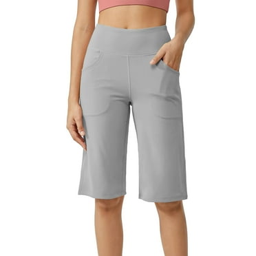 GXIPO Women's 12" Bermuda Long Shorts with Pockets High Waisted Stretch Knee Length Shorts for Women Summer Walking Gray L