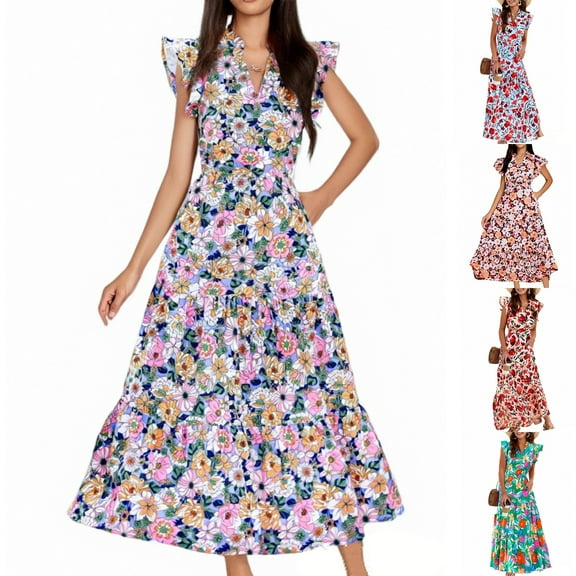 GXIPO Women's 2025 Floral Midi Dress Cap Sleeve V Neck Ruffle Long Flowy Boho Casual Dresses Pink L