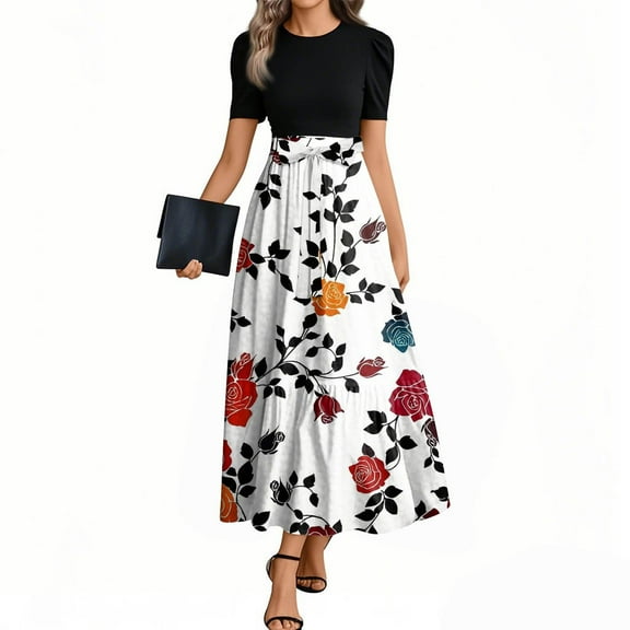 GXIPO Women's Business Casual Flowy Dress Floral Print Maxi Design Modest Tie Waist Work Attire 2025 Multicolor M