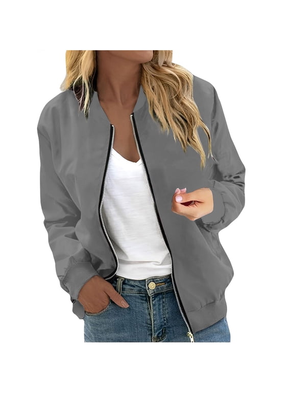 Women's Casual Bomber Jacket Lightweight Windbreaker Jackets Long Sleeve Windproof Spring Fall Jackets with Pockets Gray L