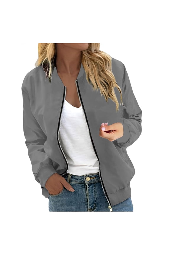 Women's Casual Bomber Jacket Lightweight Windbreaker Jackets Long Sleeve Windproof Spring Fall Jackets with Pockets Gray M
