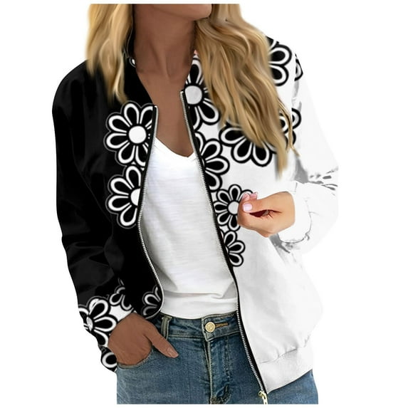 GXIPO Women's Casual Floral Zip Up Bomber Jacket Coat Stand Collar Lightweight Short Outwear Tops Windbreaker with Pockets Black 2XL