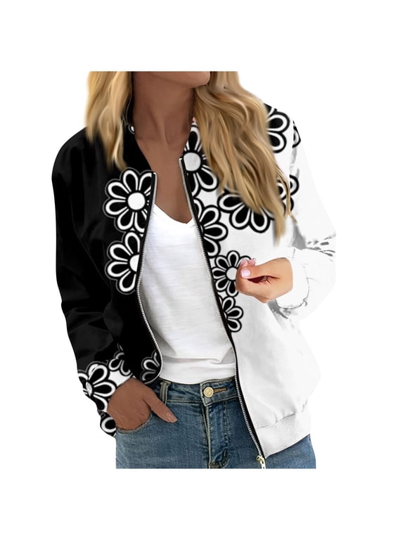 Women's Casual Floral Zip Up Bomber Jacket Coat Stand Collar Lightweight Short Outwear Tops Windbreaker with Pockets Black XL