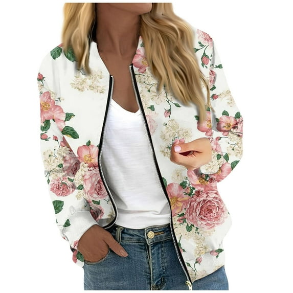 GXIPO Women's Casual Floral Zip Up Bomber Jacket Coat Stand Collar Lightweight Short Outwear Tops Windbreaker with Pockets Pink L